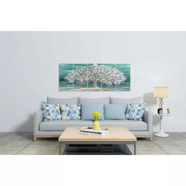 Yihui Arts 3D Silver Tree Metal Wall Art Hand Grind on Aluminum Brown Rustic Pictures in 5 Panel Modern Artwork for Living Room Bedroom Decoration 