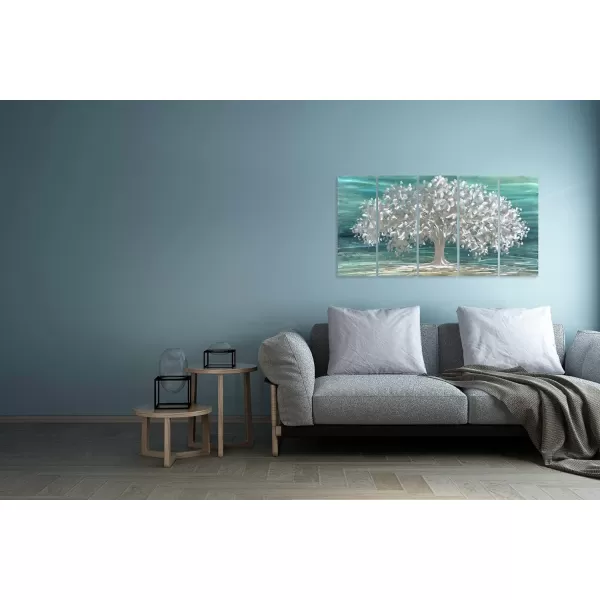 Yihui Arts 3D Silver Tree Metal Wall Art Hand Grind on Aluminum Brown Rustic Pictures in 5 Panel Modern Artwork for Living Room Bedroom Decoration 