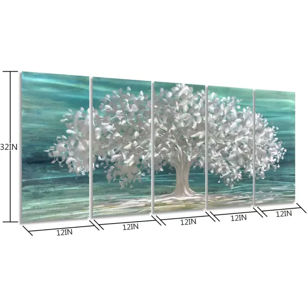 Yihui Arts 3D Silver Tree Metal Wall Art Hand Grind on Aluminum Brown Rustic Pictures in 5 Panel Modern Artwork for Living Room Bedroom Decoration 
