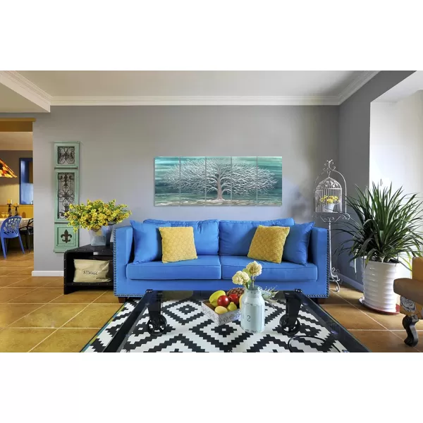 Yihui Arts 3D Silver Tree Metal Wall Art Hand Grind on Aluminum Brown Rustic Pictures in 5 Panel Modern Artwork for Living Room Bedroom Decoration 