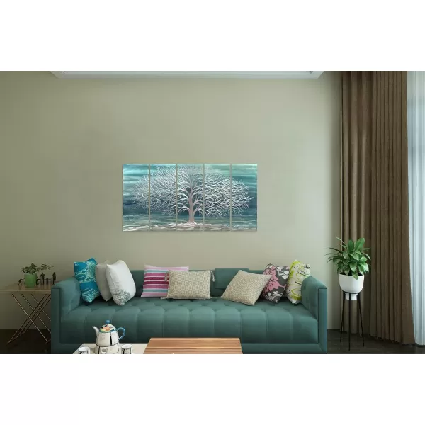 Yihui Arts 3D Silver Tree Metal Wall Art Hand Grind on Aluminum Brown Rustic Pictures in 5 Panel Modern Artwork for Living Room Bedroom Decoration 