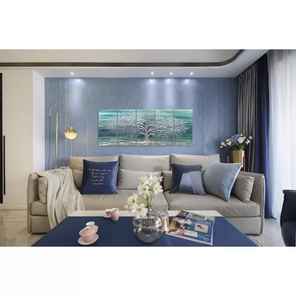 Yihui Arts 3D Silver Tree Metal Wall Art Hand Grind on Aluminum Brown Rustic Pictures in 5 Panel Modern Artwork for Living Room Bedroom Decoration 