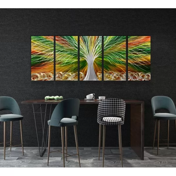 Yihui Arts 3D Silver Tree Metal Wall Art Hand Grind on Aluminum Brown Rustic Pictures in 5 Panel Modern Artwork for Living Room Bedroom Decoration 