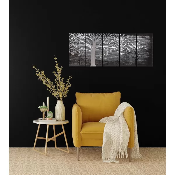 Yihui Arts 3D Silver Tree Metal Wall Art Hand Grind on Aluminum Brown Rustic Pictures in 5 Panel Modern Artwork for Living Room Bedroom Decoration 