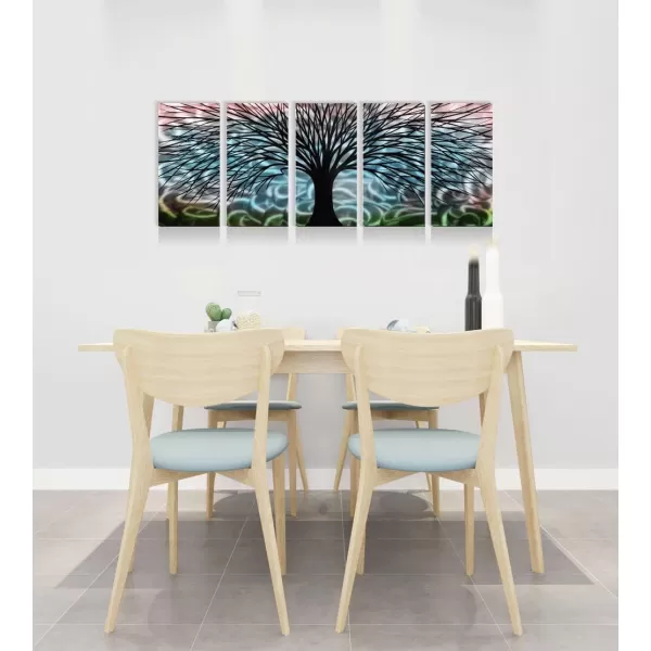 Yihui Arts 3D Silver Tree Metal Wall Art Hand Grind on Aluminum Brown Rustic Pictures in 5 Panel Modern Artwork for Living Room Bedroom Decoration 