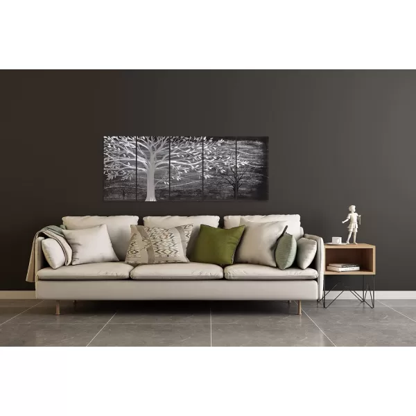 Yihui Arts 3D Silver Tree Metal Wall Art Hand Grind on Aluminum Brown Rustic Pictures in 5 Panel Modern Artwork for Living Room Bedroom Decoration 