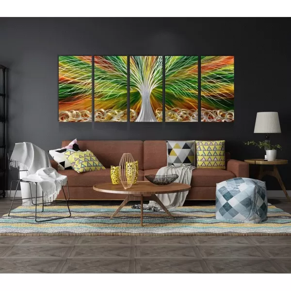 Yihui Arts 3D Silver Tree Metal Wall Art Hand Grind on Aluminum Brown Rustic Pictures in 5 Panel Modern Artwork for Living Room Bedroom Decoration 