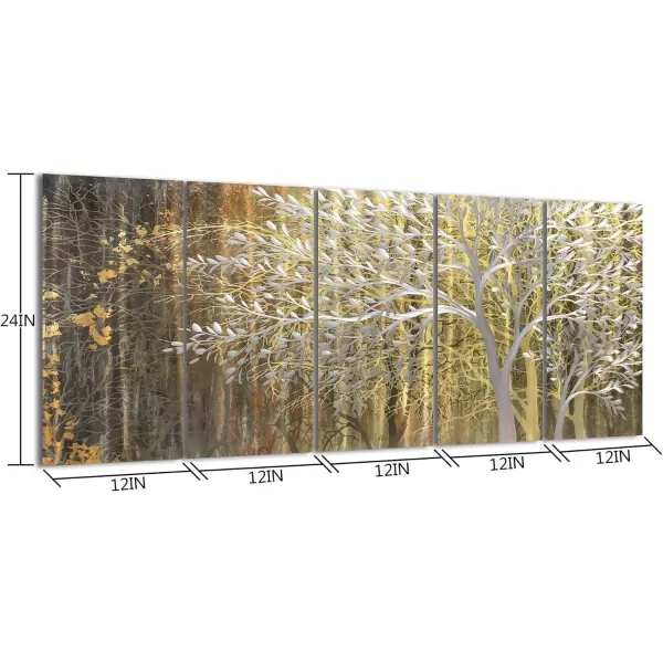 Yihui Arts 3D Silver Tree Metal Wall Art Hand Grind on Aluminum Brown Rustic Pictures in 5 Panel Modern Artwork for Living Room Bedroom Decoration 