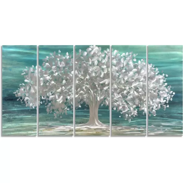 Yihui Arts 3D Silver Tree Metal Wall Art Hand Grind on Aluminum Brown Rustic Pictures in 5 Panel Modern Artwork for Living Room Bedroom Decoration 