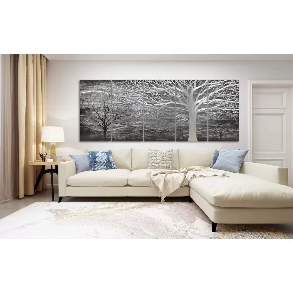 Yihui Arts 3D Silver Tree Metal Wall Art Hand Grind on Aluminum Brown Rustic Pictures in 5 Panel Modern Artwork for Living Room Bedroom Decoration 