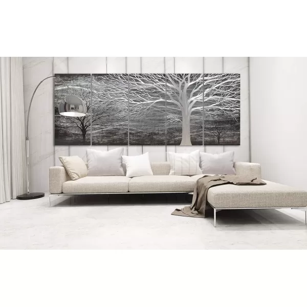 Yihui Arts 3D Silver Tree Metal Wall Art Hand Grind on Aluminum Brown Rustic Pictures in 5 Panel Modern Artwork for Living Room Bedroom Decoration 