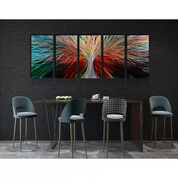 Yihui Arts 3D Silver Tree Metal Wall Art Hand Grind on Aluminum Brown Rustic Pictures in 5 Panel Modern Artwork for Living Room Bedroom Decoration 