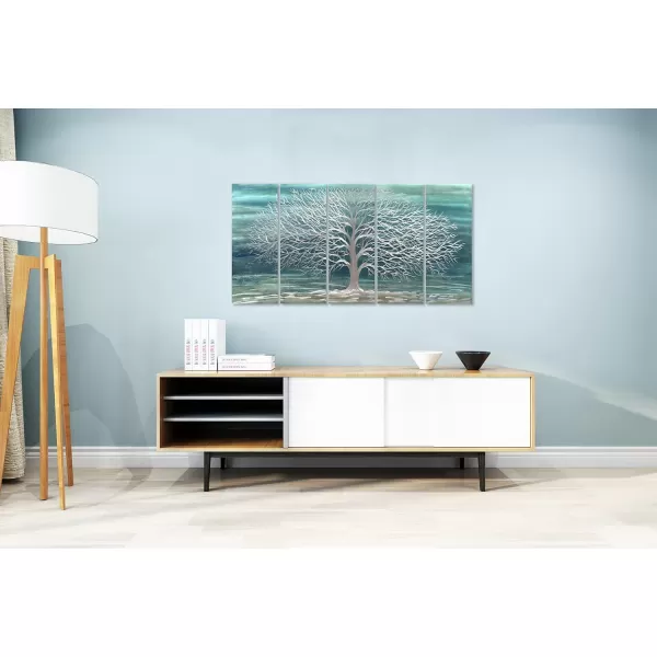 Yihui Arts 3D Silver Tree Metal Wall Art Hand Grind on Aluminum Brown Rustic Pictures in 5 Panel Modern Artwork for Living Room Bedroom Decoration 