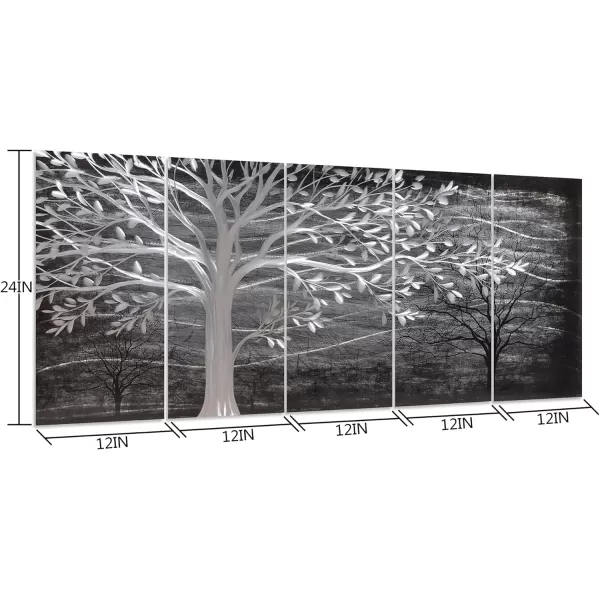 Yihui Arts 3D Silver Tree Metal Wall Art Hand Grind on Aluminum Brown Rustic Pictures in 5 Panel Modern Artwork for Living Room Bedroom Decoration 