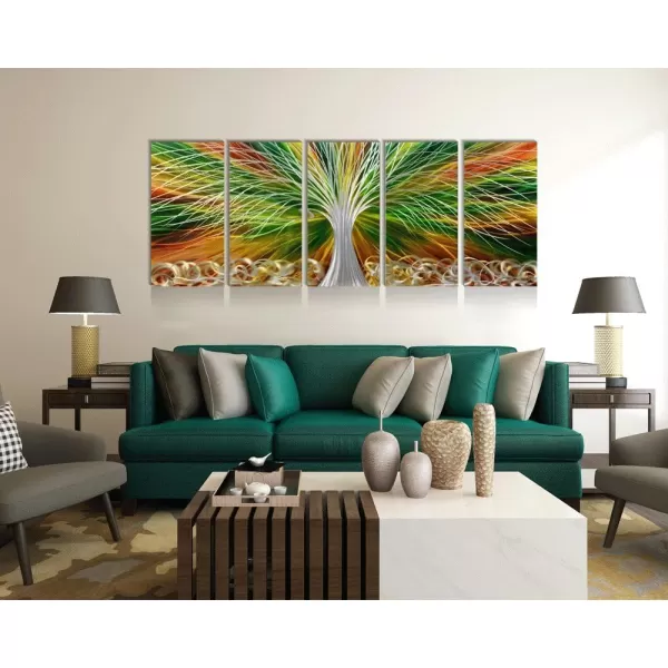 Yihui Arts 3D Silver Tree Metal Wall Art Hand Grind on Aluminum Brown Rustic Pictures in 5 Panel Modern Artwork for Living Room Bedroom Decoration 