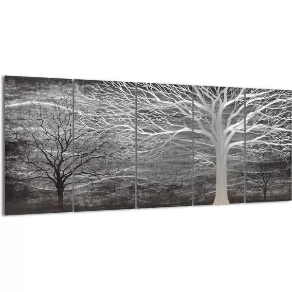 Yihui Arts 3D Silver Tree Metal Wall Art Hand Grind on Aluminum Brown Rustic Pictures in 5 Panel Modern Artwork for Living Room Bedroom Decoration 