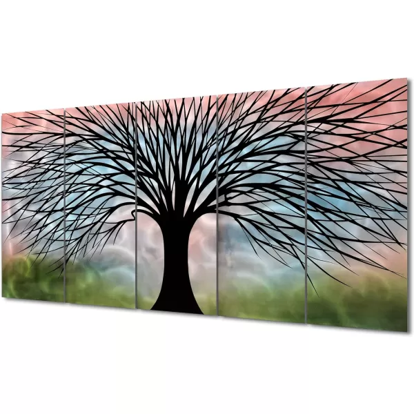 Yihui Arts 3D Silver Tree Metal Wall Art Hand Grind on Aluminum Brown Rustic Pictures in 5 Panel Modern Artwork for Living Room Bedroom Decoration 