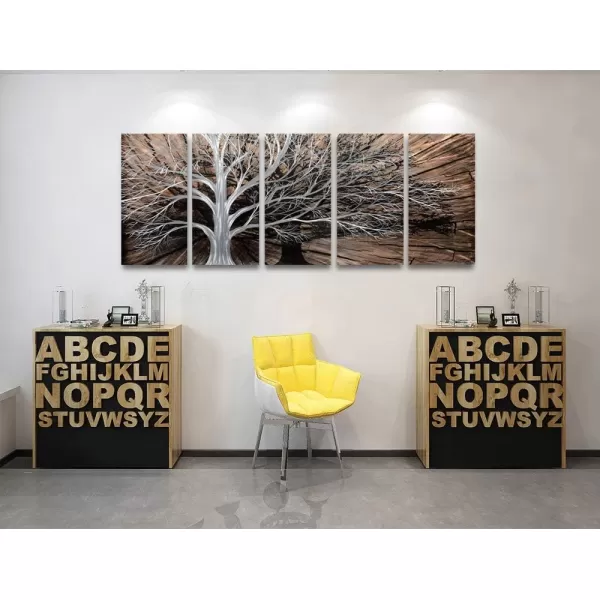 Yihui Arts 3D Silver Tree Metal Wall Art Hand Grind on Aluminum Brown Rustic Pictures in 5 Panel Modern Artwork for Living Room Bedroom Decoration 