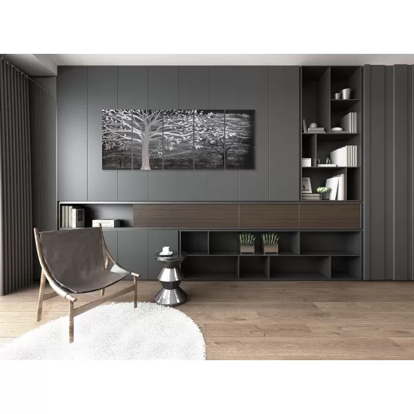 Yihui Arts 3D Silver Tree Metal Wall Art Hand Grind on Aluminum Brown Rustic Pictures in 5 Panel Modern Artwork for Living Room Bedroom Decoration 