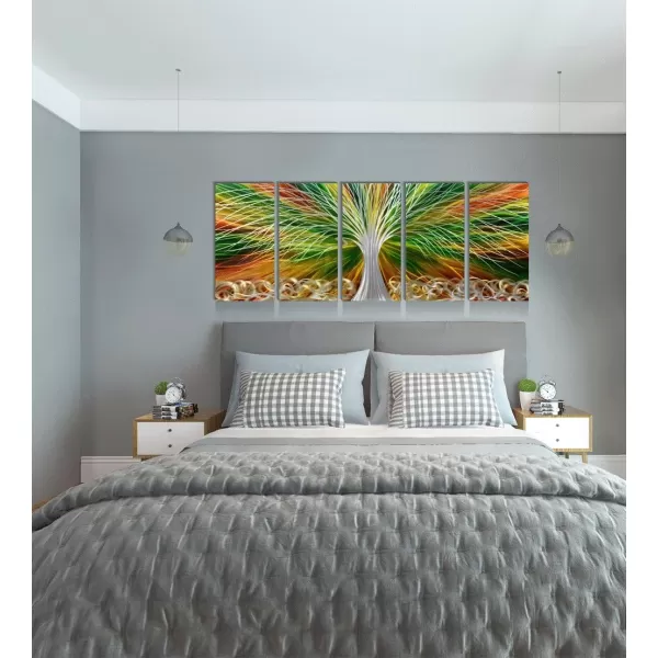 Yihui Arts 3D Silver Tree Metal Wall Art Hand Grind on Aluminum Brown Rustic Pictures in 5 Panel Modern Artwork for Living Room Bedroom Decoration 