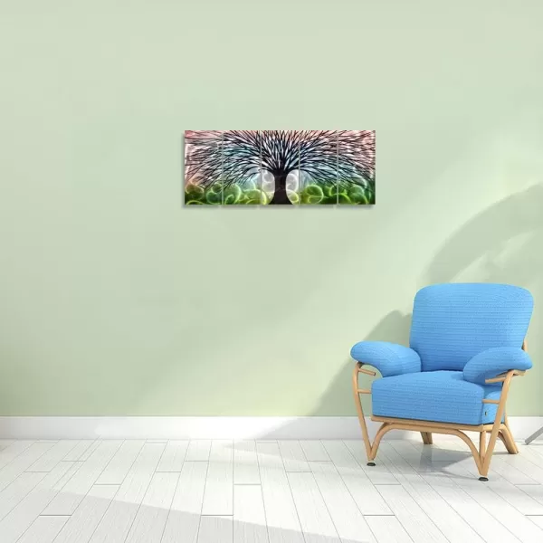 Yihui Arts 3D Silver Tree Metal Wall Art Hand Grind on Aluminum Brown Rustic Pictures in 5 Panel Modern Artwork for Living Room Bedroom Decoration 