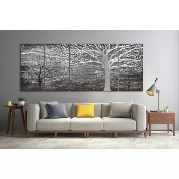 Yihui Arts 3D Silver Tree Metal Wall Art Hand Grind on Aluminum Brown Rustic Pictures in 5 Panel Modern Artwork for Living Room Bedroom Decoration 