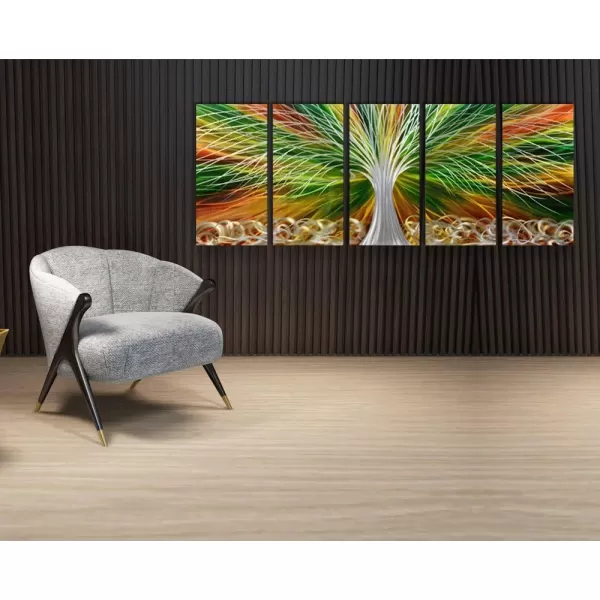 Yihui Arts 3D Silver Tree Metal Wall Art Hand Grind on Aluminum Brown Rustic Pictures in 5 Panel Modern Artwork for Living Room Bedroom Decoration 
