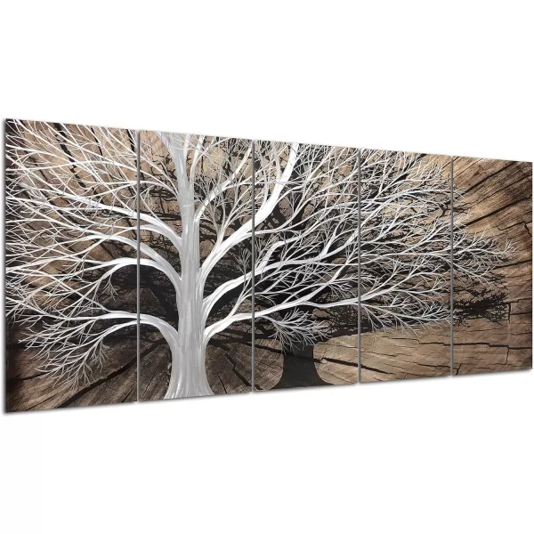 Yihui Arts 3D Silver Tree Metal Wall Art Hand Grind on Aluminum Brown Rustic Pictures in 5 Panel Modern Artwork for Living Room Bedroom Decoration 
