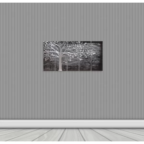 Yihui Arts 3D Silver Tree Metal Wall Art Hand Grind on Aluminum Brown Rustic Pictures in 5 Panel Modern Artwork for Living Room Bedroom Decoration 