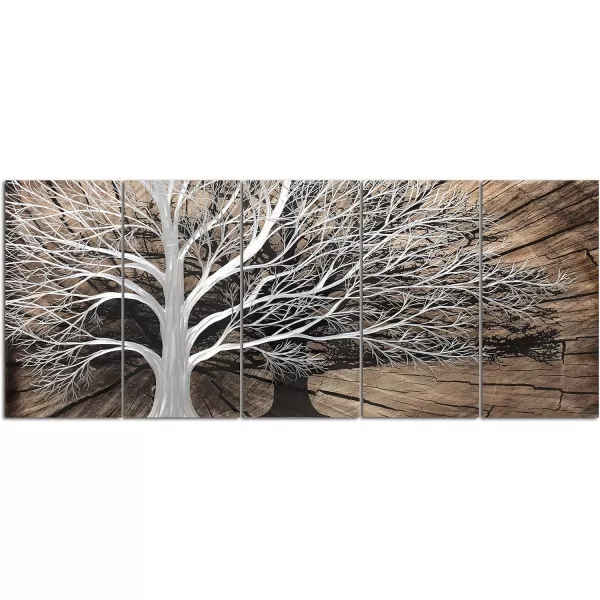 Yihui Arts 3D Silver Tree Metal Wall Art Hand Grind on Aluminum Brown Rustic Pictures in 5 Panel Modern Artwork for Living Room Bedroom Decoration 