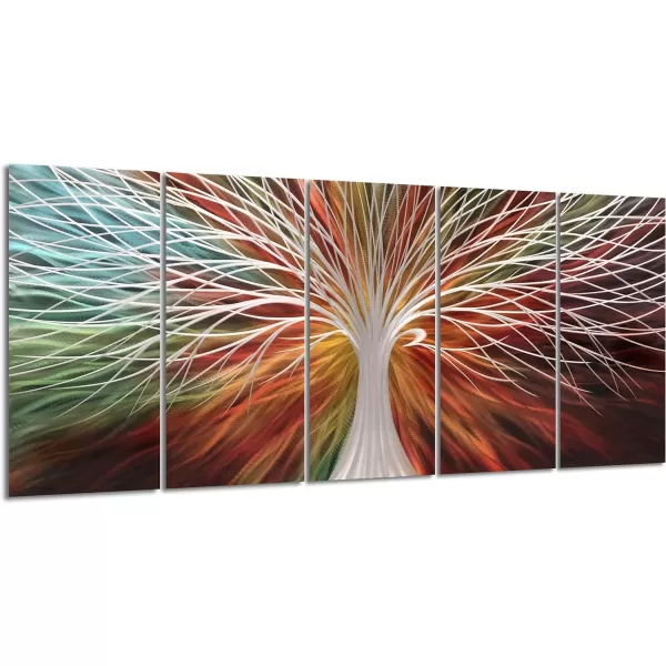 Yihui Arts 3D Silver Tree Metal Wall Art Hand Grind on Aluminum Brown Rustic Pictures in 5 Panel Modern Artwork for Living Room Bedroom Decoration 