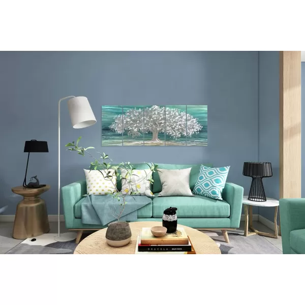 Yihui Arts 3D Silver Tree Metal Wall Art Hand Grind on Aluminum Brown Rustic Pictures in 5 Panel Modern Artwork for Living Room Bedroom Decoration 