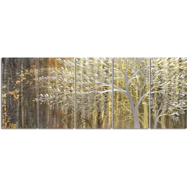 Yihui Arts 3D Silver Tree Metal Wall Art Hand Grind on Aluminum Brown Rustic Pictures in 5 Panel Modern Artwork for Living Room Bedroom Decoration 