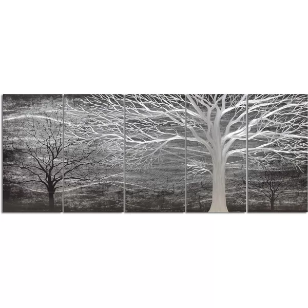 Yihui Arts 3D Silver Tree Metal Wall Art Hand Grind on Aluminum Brown Rustic Pictures in 5 Panel Modern Artwork for Living Room Bedroom Decoration 