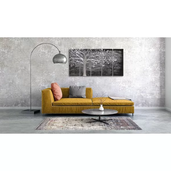 Yihui Arts 3D Silver Tree Metal Wall Art Hand Grind on Aluminum Brown Rustic Pictures in 5 Panel Modern Artwork for Living Room Bedroom Decoration 
