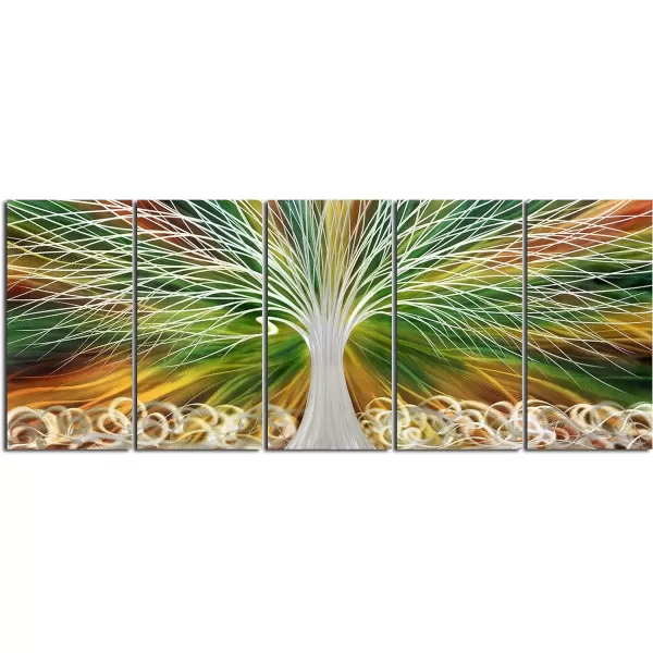 Yihui Arts 3D Silver Tree Metal Wall Art Hand Grind on Aluminum Brown Rustic Pictures in 5 Panel Modern Artwork for Living Room Bedroom Decoration 