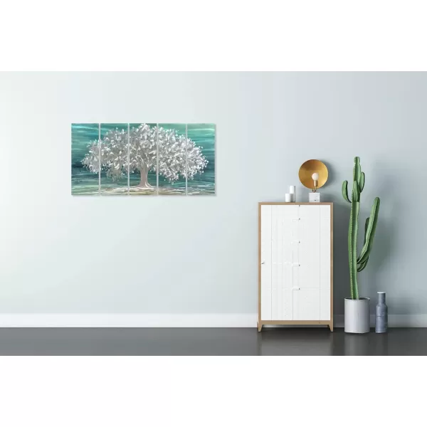 Yihui Arts 3D Silver Tree Metal Wall Art Hand Grind on Aluminum Brown Rustic Pictures in 5 Panel Modern Artwork for Living Room Bedroom Decoration 