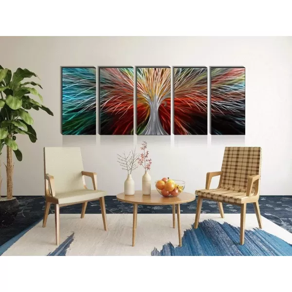 Yihui Arts 3D Silver Tree Metal Wall Art Hand Grind on Aluminum Brown Rustic Pictures in 5 Panel Modern Artwork for Living Room Bedroom Decoration 