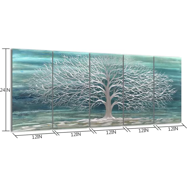 Yihui Arts 3D Silver Tree Metal Wall Art Hand Grind on Aluminum Brown Rustic Pictures in 5 Panel Modern Artwork for Living Room Bedroom Decoration 