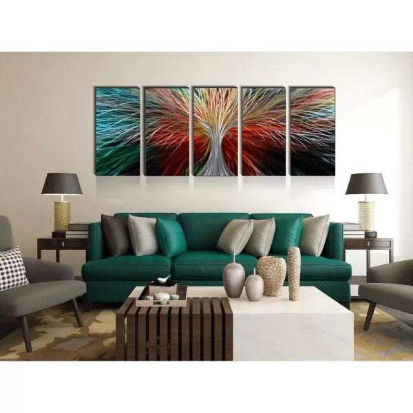 Yihui Arts 3D Silver Tree Metal Wall Art Hand Grind on Aluminum Brown Rustic Pictures in 5 Panel Modern Artwork for Living Room Bedroom Decoration 