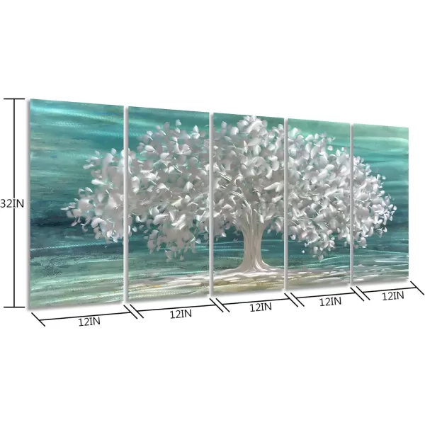 Yihui Arts 3D Silver Tree Metal Wall Art Hand Grind on Aluminum Brown Rustic Pictures in 5 Panel Modern Artwork for Living Room Bedroom Decoration 