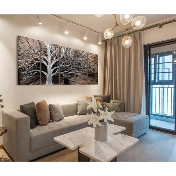 Yihui Arts 3D Silver Tree Metal Wall Art Hand Grind on Aluminum Brown Rustic Pictures in 5 Panel Modern Artwork for Living Room Bedroom Decoration 