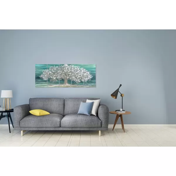 Yihui Arts 3D Silver Tree Metal Wall Art Hand Grind on Aluminum Brown Rustic Pictures in 5 Panel Modern Artwork for Living Room Bedroom Decoration 