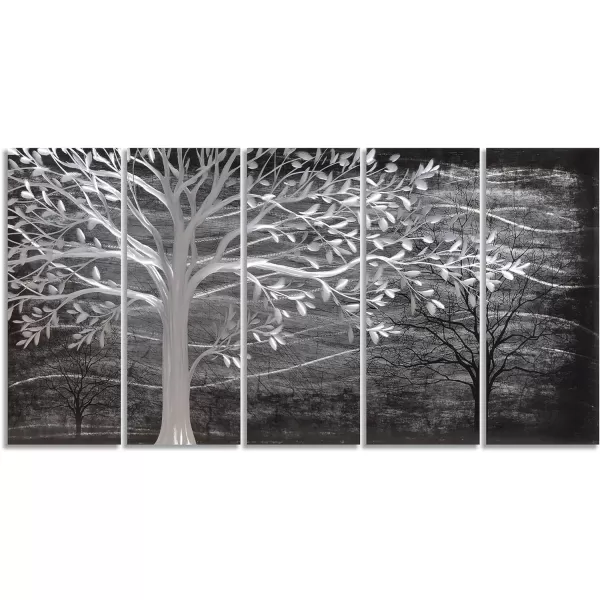 Yihui Arts 3D Silver Tree Metal Wall Art Hand Grind on Aluminum Brown Rustic Pictures in 5 Panel Modern Artwork for Living Room Bedroom Decoration 
