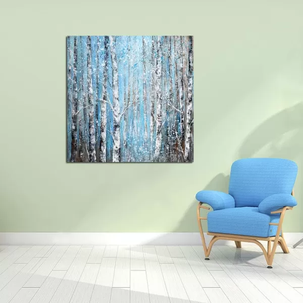 Yihui Arts Birch Tree Canvas Wall Art Hand Painted Modern Elegant Forest Pictures Blue Artwork for Living Room Bedroom Decoration 