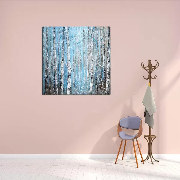 Yihui Arts Birch Tree Canvas Wall Art Hand Painted Modern Elegant Forest Pictures Blue Artwork for Living Room Bedroom Decoration 