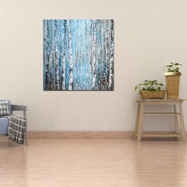 Yihui Arts Birch Tree Canvas Wall Art Hand Painted Modern Elegant Forest Pictures Blue Artwork for Living Room Bedroom Decoration 