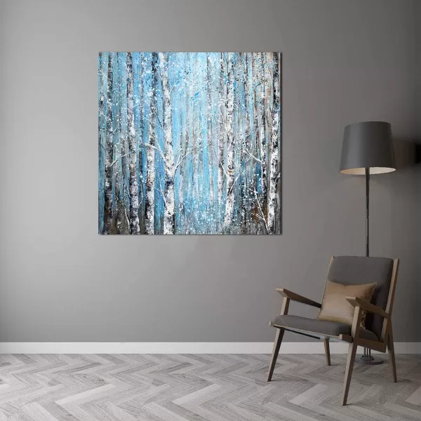 Yihui Arts Birch Tree Canvas Wall Art Hand Painted Modern Elegant Forest Pictures Blue Artwork for Living Room Bedroom Decoration 