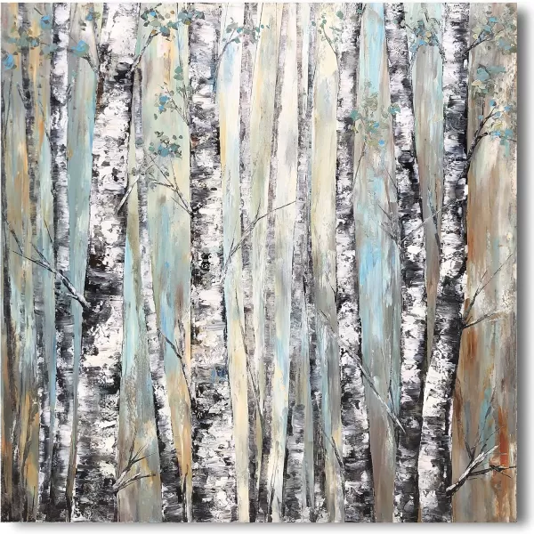 Yihui Arts Birch Tree Canvas Wall Art Hand Painted Modern Elegant Forest Pictures Blue Artwork for Living Room Bedroom Decoration 