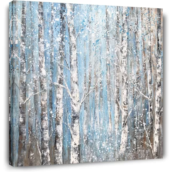 Yihui Arts Birch Tree Canvas Wall Art Hand Painted Modern Elegant Forest Pictures Blue Artwork for Living Room Bedroom Decoration 